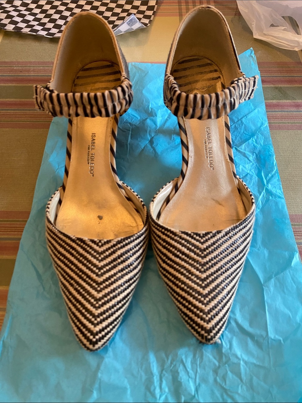 Isabel Toledo Black and White Striped Pointed-Toe /red petite heel